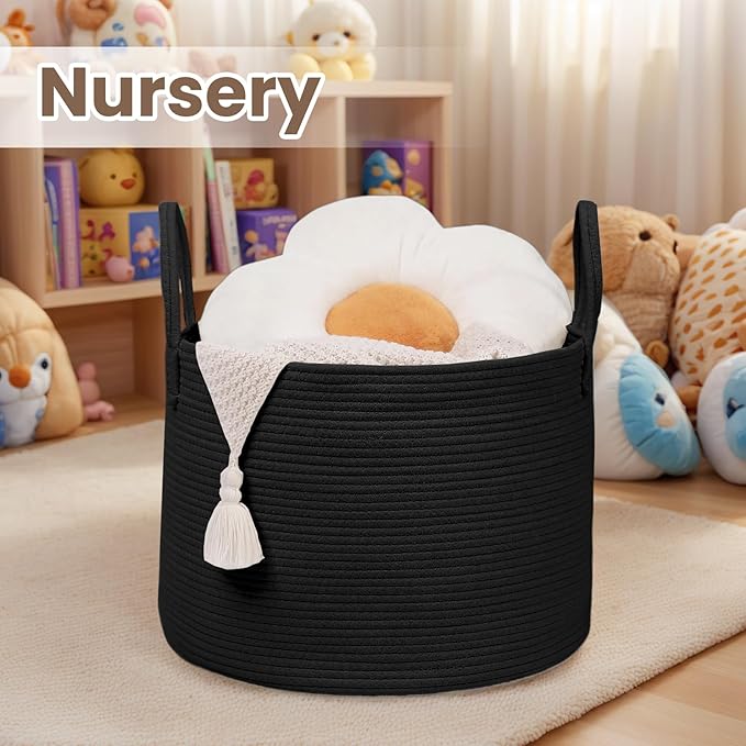 Woven Blanket Basket,65L Large Rope Storage Bin with Handles, Organizer for Blankets Toys Book and Clothes, Laundry Basket for Living Room Bedroom Nursery,Black