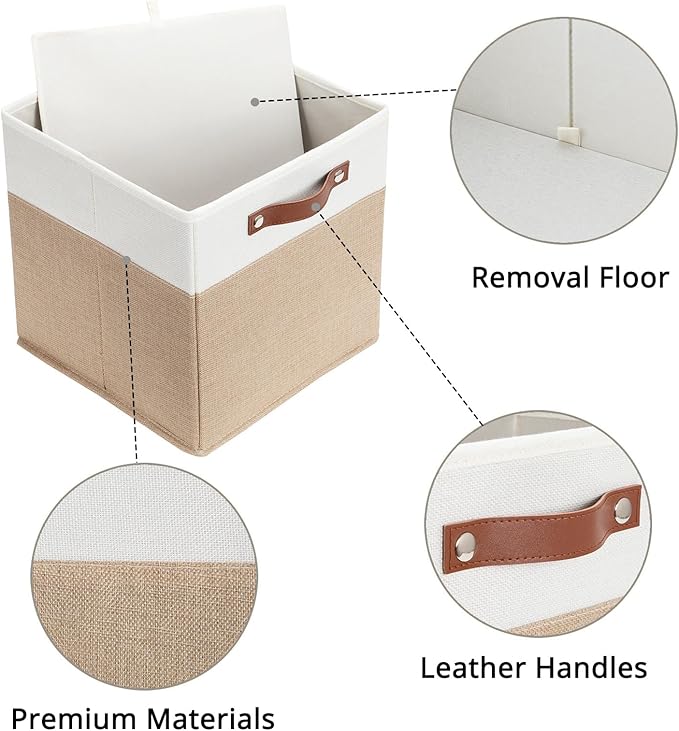 HNZIGE Fabric Storage Baskets Cubes Bins for Shelves, 11 x11 Foldable Storage Bins, Decorative Storage Basket with Leather Handles for Storage Clothes Home Nursery(White Beige-4Pack)