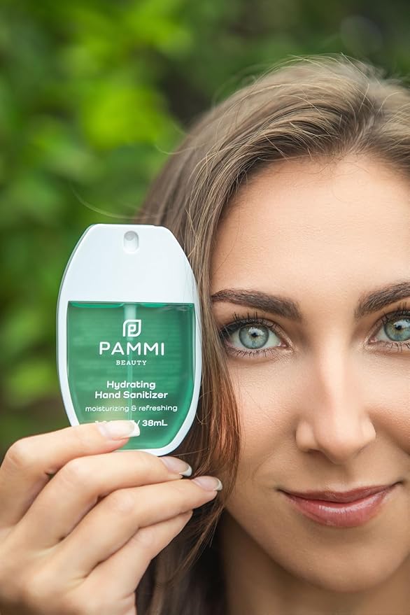 PAMMI Power Mist Hydrating Hand Sanitizer Spray, Portable Travel Size Pocket Hand Sanitizer, Scented Handsanitizer Mini Spray For Car - 600 Sprays (3 Packs (Aloevera, Peach, Guava))