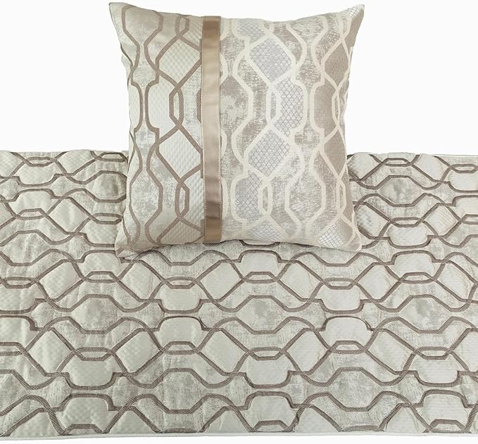 The HomeCentric King/Queen/Twin Ivory & Silver Decorative Twin 53"x18" Bed Runner Without Pillow Cover, Lattice & Quilted Bed Scarf on Jacquard Silk Fabric - Ivory Delicacy