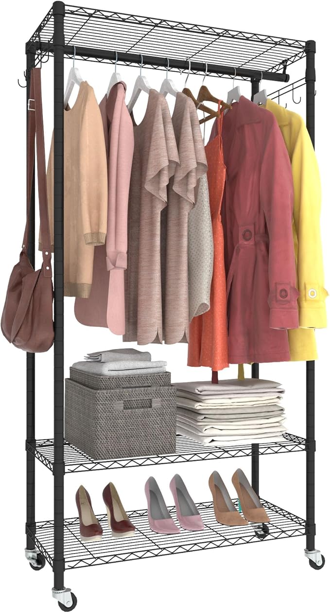 Rolling Portable Garment Rack,Freestanding Clothes Racks, Portable Closet Wardrobe with 3 Adjustable Wire shelves,2 Side Hooks, Black
