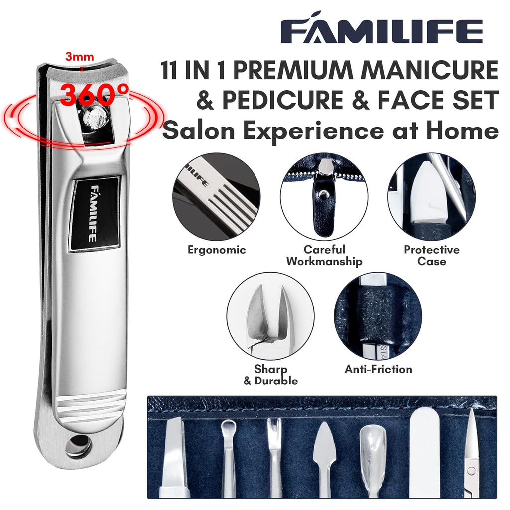 Manicure Kit, FAMILIFE Professional Manicure Set Nail Kit, 11 in 1 Stainless Steel Nail Clippers Set for Men Pedicure Kit, Men Grooming Kit with Portable Blue Leather Travel Case Luxury Gifts for Him