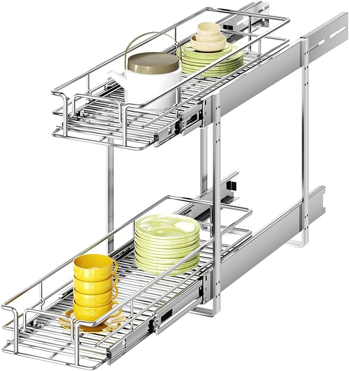 2 Tier Individual Pull Out Cabinet Organizer 5½" W x 21½" D, Heavy Duty Cabinet Pull Out Shelves, Slide Out Drawers Organization for Kitchen Cabinets Bathroom