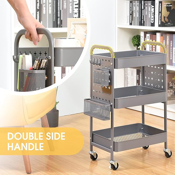 TOOLF 3-Tier Rolling Cart, Metal Utility Storage Cart with DIY Pegboards, Art Craft Trolley with Baskets Hooks, Serving Organizer Easy Assemble for Office, Home, Kitchen, Classroom (Grey)
