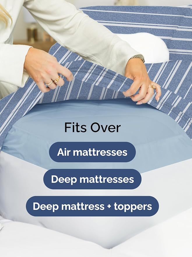 Extra Deep Pocket Queen Sheet Set - 4 Piece Breathable & Cooling Bed Sheets - Hotel Luxury Sheet Set - Ultra Soft, Wrinkle Free & Comfy - Fits Extra Deep Mattresses - Deep Pocket Blue Stripes 3 Sheets