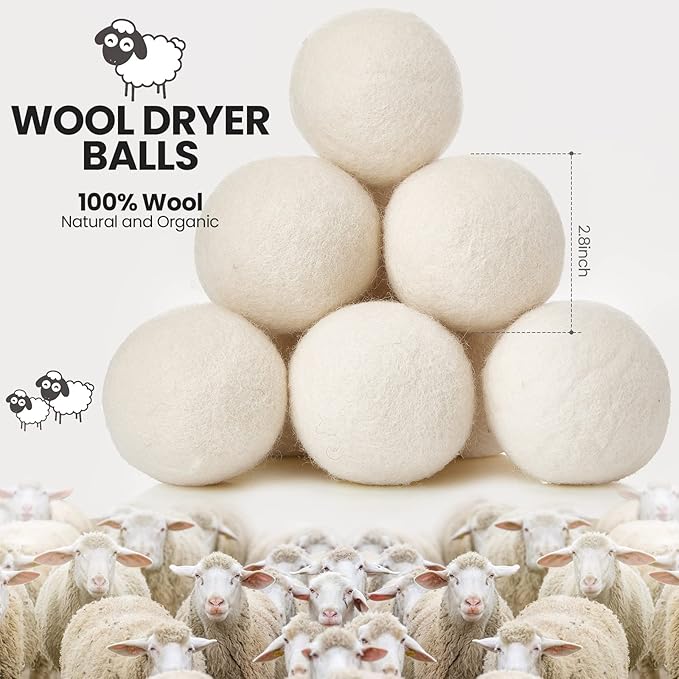 Roowest 60 Pcs Wool Dryer Balls Set Reusable Laundry Wool Balls with Muslin Bags Fabric Softener Anti Wrinkle Anti Static Saving Energy and Time
