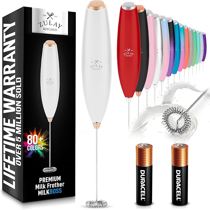 Zulay Kitchen Milk Frother Handheld Electric Whisk with AA Duracell Batteries – Durable Drink Mixer for Coffee, Lattes, Cappuccinos & More - White Rose Gold