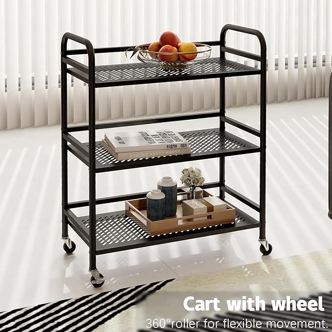 HDANI 3 Tier Metal Rolling Heavy Cart Supports 40 Lbs Per Tier,Rolling Cart with 2 Lockable Wheels for Office,Home,Bedroom,Kitchen,Bathroom(Black)…