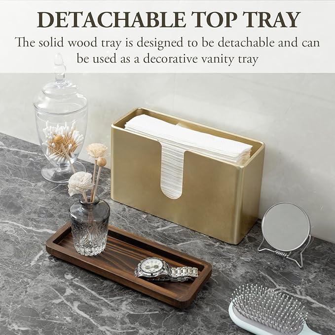 MyGift Deluxe Modern Brass Tone Metal Folded Commercial Paper Towel Holder with Burnt Solid Wood Tray Lid, Wall Mounted Trifold Multifold Z Fold Disposable Napkin Dispenser