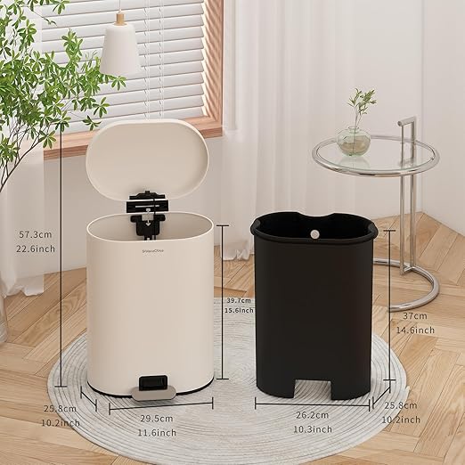 3.2Gallon Bathroom Trash Bin with Soft Close Lid,Oval Brushed Stainless Steel Garbage Can with Removable Inner Bucket,Office Trash Can with Foot Pedal for Bedroom,Living Room(Cream White)