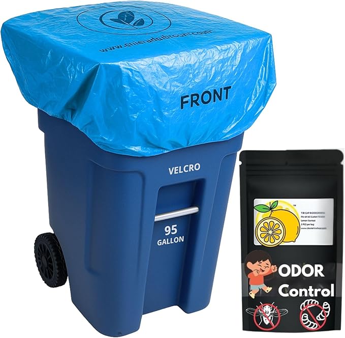Outdoor Trash Can Odor Eliminator Cover Lemon Scented Durable Elastic Bag with Optional Straps Fits 95 Gallon Cans 2 Covers
