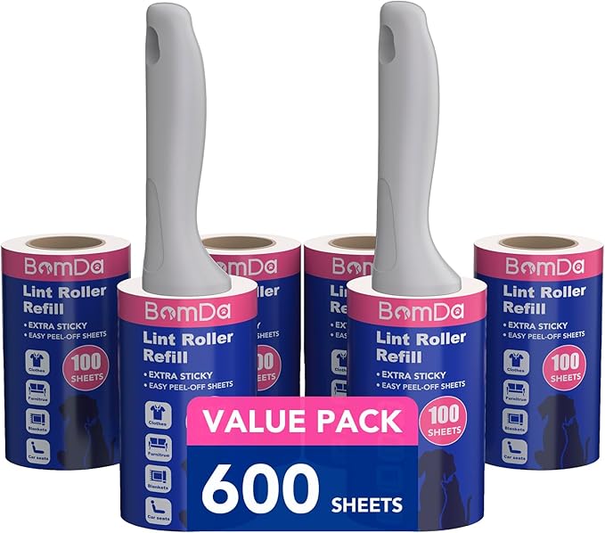 Extra Sticky Lint Roller for Pet Hair, Lint Rollers 600 Sheets, Pet Hair Remover with 2 Upgraded Handle 6 Rollers, Portable Lint Remover for Clothes, Furniture, Dog & Cat Hair (2 Handles + 600 Sheets)