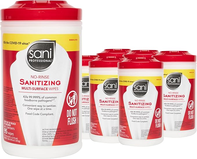 PDI Sani-Professional No-Rinse Sanitizing Wipes, Multi-Surface Cleaning for Food Contact Surfaces, Kitchens, Restaurant Tables, 95 Large 7.75" x 9" Wipes per Canister