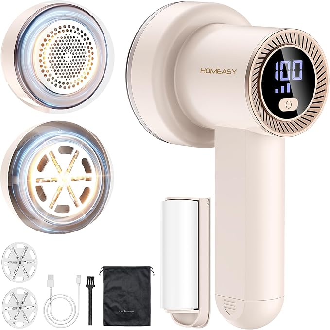 Fabric Shaver Fuzz Remover Rechargeable, HOMEASY Electric Lint Remover Shaver with 3 Blades & LED Digital Display, Sweater Couch Fabric Pill Shaver for Sweater, Couch, Furniture