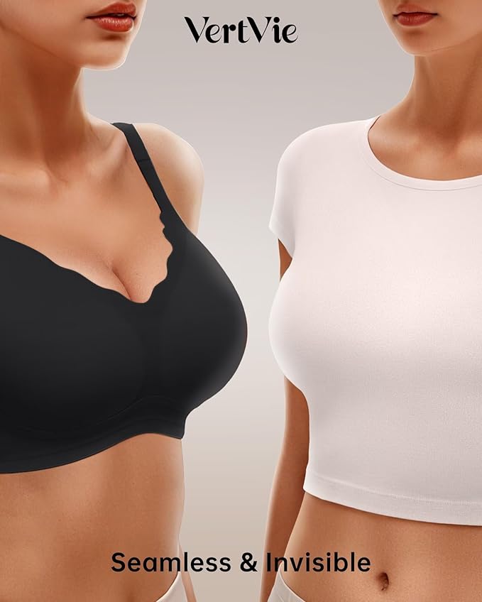 Vertvie Womens Seamless Bras No Underwire Supportive Wireless Push Up Full Coverage Bralette Comfort Scalloped T-Shirt Bra