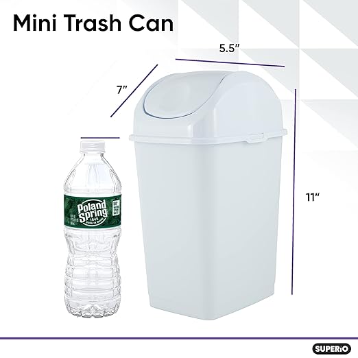 Superio Mini Desktop Trash Can with Swing Top Lid Portable Plastic Garbage Can for Countertop, Desktop, Make up Vanity, Bathroom, Car, Under Sink, Dorm, Compact Waste Bin 5 L 1.25 Gal (2, White)