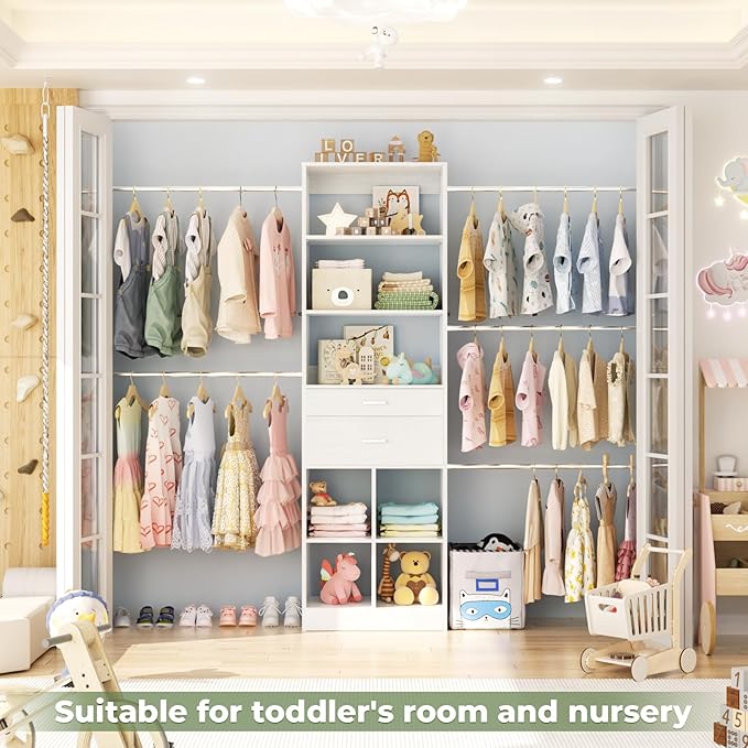 Closet System, 4-8 FT Closet Organizer Tower with 2 Wooden Drawers and Shelves, Can Fit 60 to 96 inch Walk-in Closet System with 5 Hanging Rods, Built-in, White