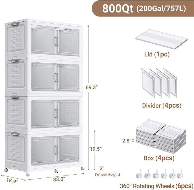 BROVIEW 800 Qt Plastic Storage Bins with Lid, Doors & Wheels, 4Pack Extra Large Stackable Collapsible Storage Bins, Closet Organizers and Storage Drawer, Foldable Cabinets for Home Office, White