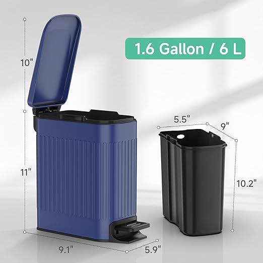 TIPGO Slim Bathroom Trash Can with Lid Soft Close, Step Pedal, 6 Liter / 1.6 Gallon Stainless Steel Trash Bin, Small Garbage Cans for Bedroom, Office, Kitchen (Blue)