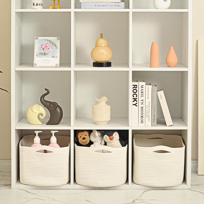 Large Storage Baskets for Organizing Shelves, Woven Cotton Rope Bins for Baby Nursery Organization, Book Toy Towel Organizer, 17"x13"x9.5", 3 Packs, Off White