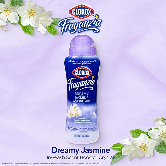 Clorox Fraganzia Laundry Scent Booster Crystals in Dreamy Jasmine Scent - Scented In-Wash Freshener Beads for Fresh, Clean, Great Smelling Clothes and Linens, 18 Oz - 2 Pack