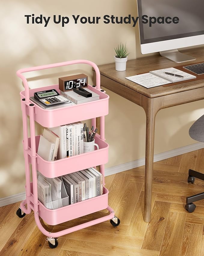 Pipishell 3 Tier Mesh Utility Cart, Rolling Metal Organization Cart with Handle and Lockable Wheels, Multifunctional Storage Shelves for Kitchen Living Room Office Pink