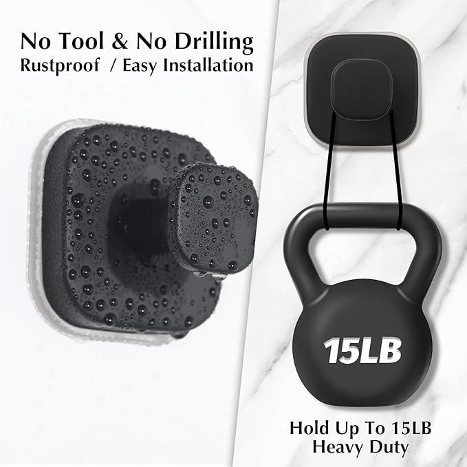 Suction Cup Hooks for Shower - Reusable No-Drill Mounting - Hooks for Towels, Robes & Loofah on Metal, Glass, Mirrors, Tile & Smooth Non-Porous Surfaces (4, Matte Black)
