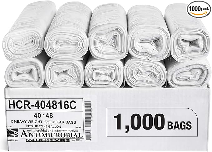Aluf Plastics High Density Trash Bags, 45 Gallon, 1000 Count, 16 Micron (eq), 40" x 48", Clear, for Bathroom, Office, Industrial, Commercial, Janitorial, Municipal, Recycling