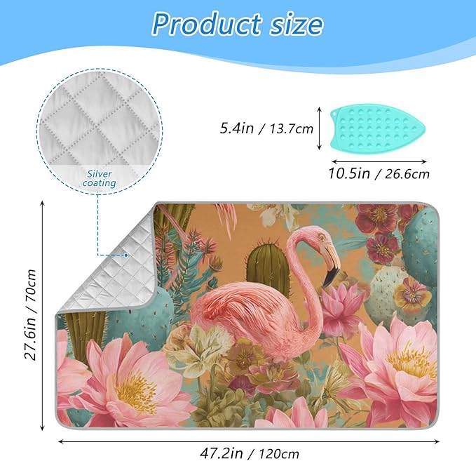 Ironing Mat Portable Ironing Pad Ironing Blanket for Table Top Heat Resistance Double-Side Using Travel Large 47.2 x 27.6 Inch Foldable Orange Flamingos and Green Cactus Flowers