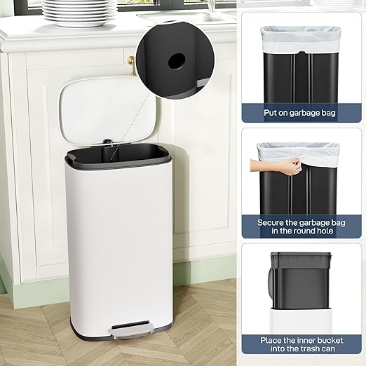 Arlopu 8 Gallon Step Trash Can, Stainless Steel Garbage Bin, Soft-Close Rubbish Bin with Removable Plastic Inner Bucket, Fingerprint-Proof, Lid Dustbin, Suit for Kitchen Home (White, 30L)
