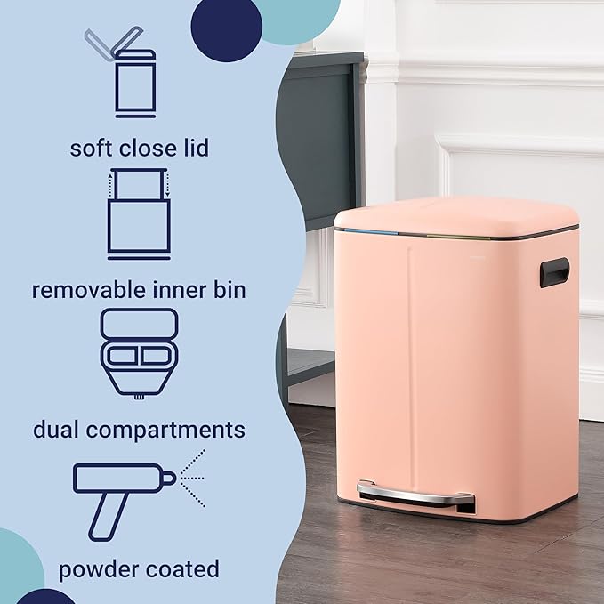 happimess HPM1005G Marco Rectangular 10.6-Gallon Double Bucket Trash Can with Soft-Close Lid, Flamingo Pink, Fingerprint Resistant, Modern, Minimalistic for Home, Kitchen, Office, Bedroom, Bathroom
