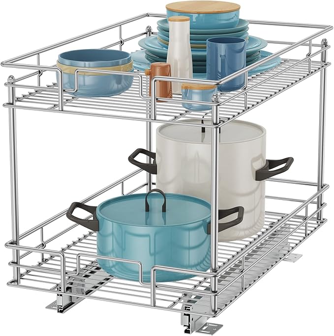 ROOMTEC Pull Out Cabinet Organizer, Kitchen Cabinet Organizer and Storage 2-Tier Cabinet Pull Out Shelves for Kitchen,Under Sink Organizers and Storage 14" W x 21" D Chrome