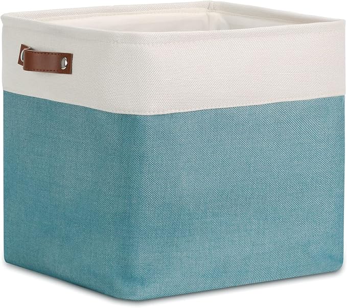 DULLEMELO Cube Basket for Storage, Collapsible Fabric Cube for Organizing, Storage Cube for Closet, Laundry, Nursery, Shelves, Decorative Basket for Gifts Empty (White&Teal)