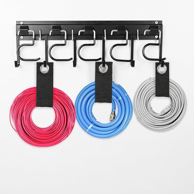 LEYU Metal Garage Tool Organizer Wall Mount, 4 Pack Garden Tool Organizer With Extension Cord Straps, Garage Organization Hooks and Hangers for Shed, Yard Storage, Wall Holder for Hanging Broom Mop