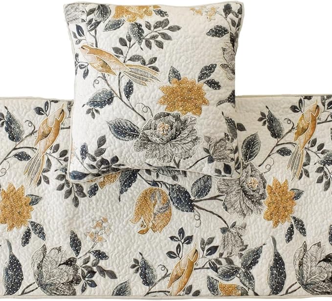 The HomeCentric King/Queen/Twin Blue & Ivory Designer King 90"x18" Bed Runner with Pillow Cover, Bird, Pearl & Quilted Bed Scarf on Linen Fabric - Vintage Birdena