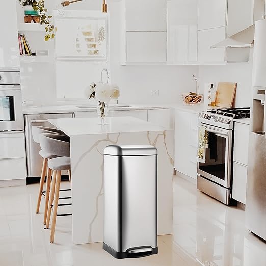 8 Gal/30L Slim Trash Can, Rectangular Step-On Stainless Steel Garbage Can, Soft-Close Lid, Anti-Fingerprint Surface, Recycling Bin with Removable Inner Basket, for Kitchen Dining Room, Silver