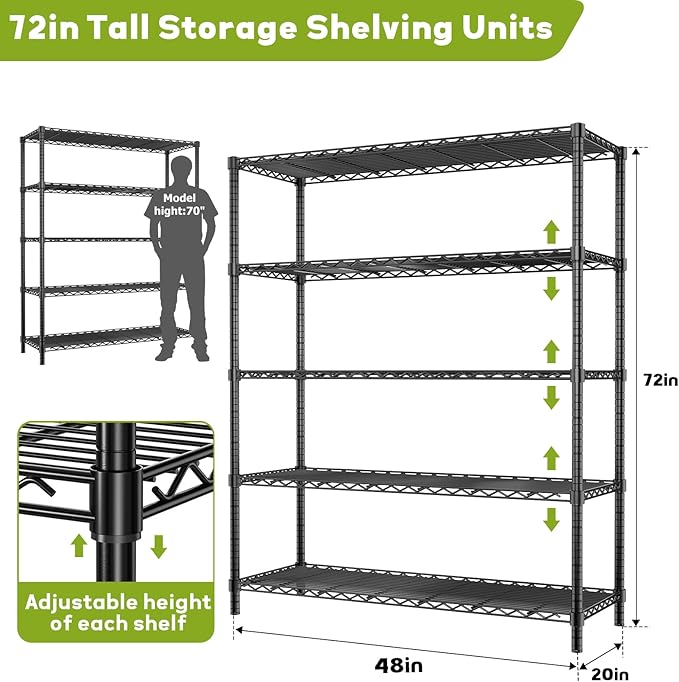 Storage Shelves, 2 PCS 48" L x 20" W x 72" H Heavy Duty Garage Wire Shelving Unit Loads 2000LBS, 5-Tier Adjustable Metal Industrial Utility Shelf Rack for Kitchen, Laundry Room, Basement