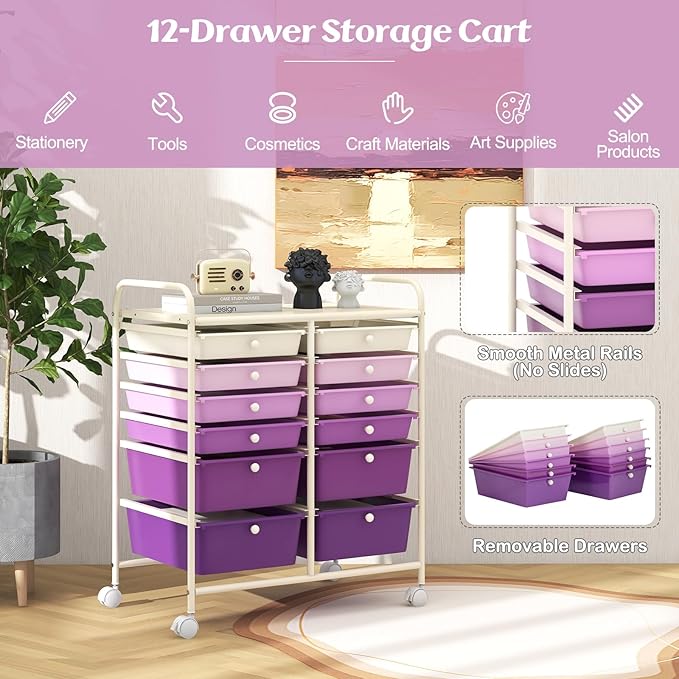 GOFLAME 12-Drawer Rolling Storage Cart, Multipurpose Organizer Cart with 2 Sizes Plastic Drawers, Mobile Utility Cart with Lockable Casters for School, Home Office, Beauty Salon, Purple Gradient