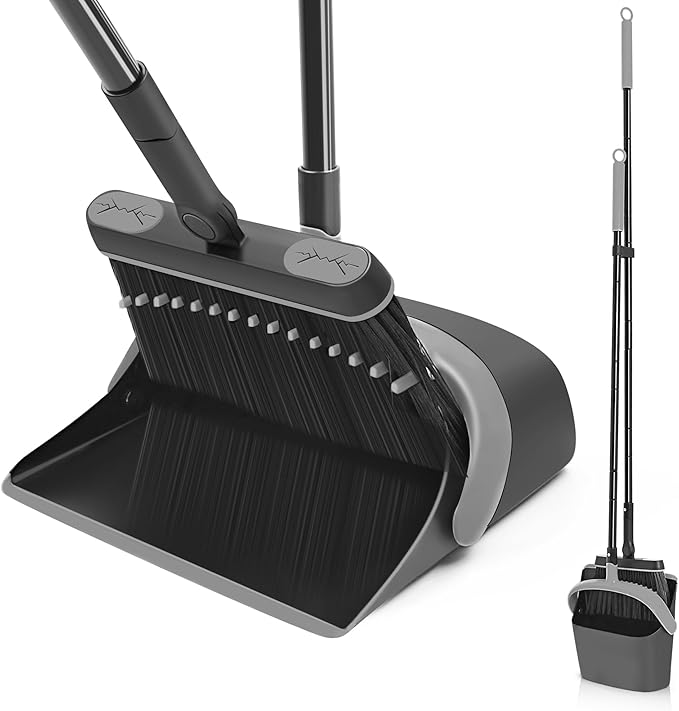 JEHONN Broom and Dust Pan, 54.3 inches Long Handle Swivel Brush, Upright Foldable Dustpan with Comb Teeth for Home Kitchen Lobby Indoor Floor Cleaning (Black & Gray)