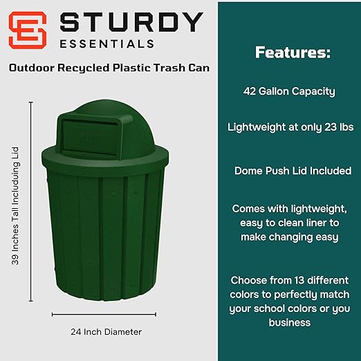 42 Gallon Slatted Circle 100% Recycled Plastic Commercial Outdoor and Indoor Trash Can with Push Open Dome Lid and Internal Liner | Great for Schools and Businesses - Green Granite