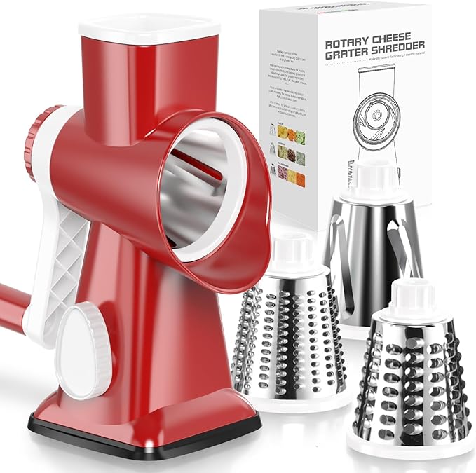 KEOUKE Rotary Cheese Grater Hand Crank Red - Shredder Slicer Grinder 3 Stainless Steel Blades, Stable Suction, Labor-Saving Handle, Safe Kitchen Tool for Cheese, Vegetable, Nuts, Chocolate