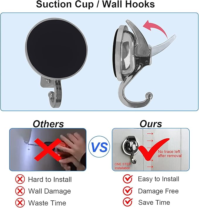 Heavy Duty Suction Cup Hooks for Shower, Bathroom Robe - Reusable, No Hole Punched, for Garland Decoration (Silver Grey, 2 Pack), XPG-TSX1
