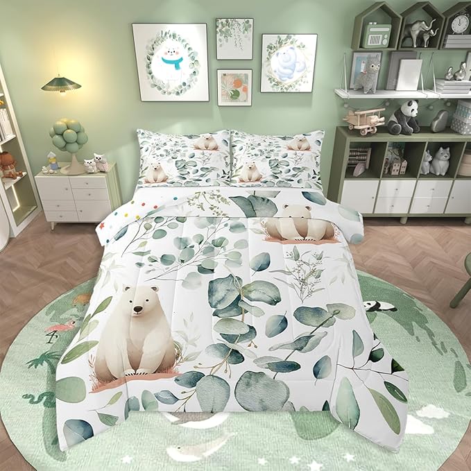 Erosebridal Boys Cartoon Animal Toddler Size Comforter Set for Kids Toddler Kawaii Polar Bear Bedding Set, Arctic Wildlife Down Comforter White Green Bed Set, Botanical Eucalyptus Quilted Duvet