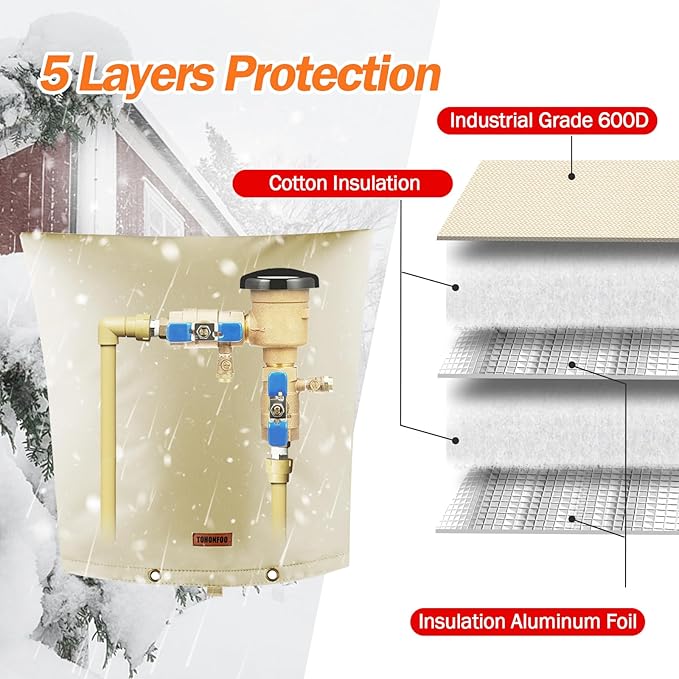Backflow Preventer Pipe Insulation Cover (5°F) - Irrigation Sprinkler Valve Insulated Pouch - Water Well Pump Cover - Sturdy 5 Layers for Winter Freeze Protection, 14" W x 14" H, Beige