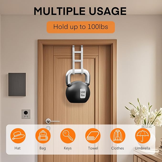 FYY Over The Door Hooks - 2 Pack Heavy Duty Dual-Hook Organizer Hanger with Non-Slip Rubber for Towels, Clothes, Hats & Bags Use in Bathroom, Bedroom, Kitchen - Fits Interior Doors Up to 1.6" White