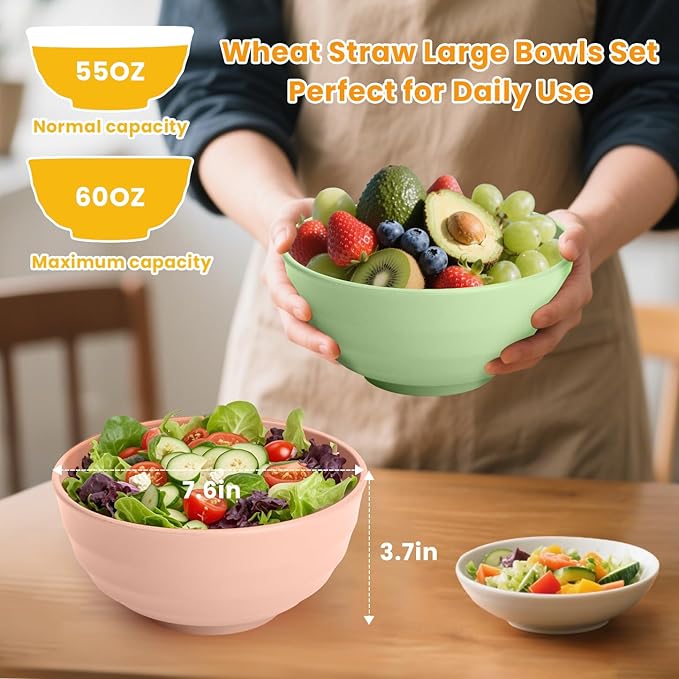 Homienly Large Wheat Straw Bowls 60oz Light Color Bowl Set of 8 - The Ultimate All-in-One Set for Salad, Soup, Cereal & Oatmeal, Microwave Safe & Unbreakable