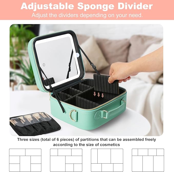 Mocado Travel Makeup Bag with LED Lighted Mirror, Travel Makeup Organizer, Makeup Case with 3 Color Lighted Setting and 10x Magnifying Mirror, Portable Storage and Adjustable Dividers (Powdery Green)