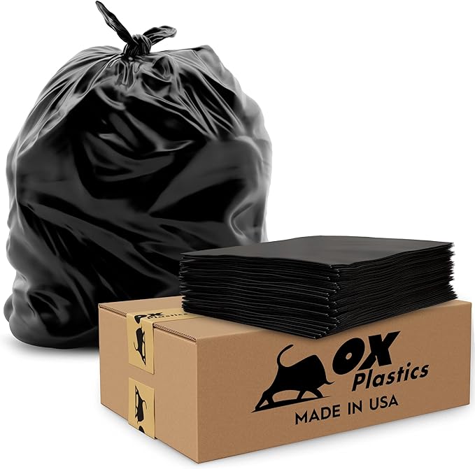Ox Plastics Trash Can Liners Bags - Extra Heavy Duty Strength - Large Garbage, Leak-Proof & Durable, House & Commercial Use Bags (50) - Black (4 Mil, 60 Gallon)