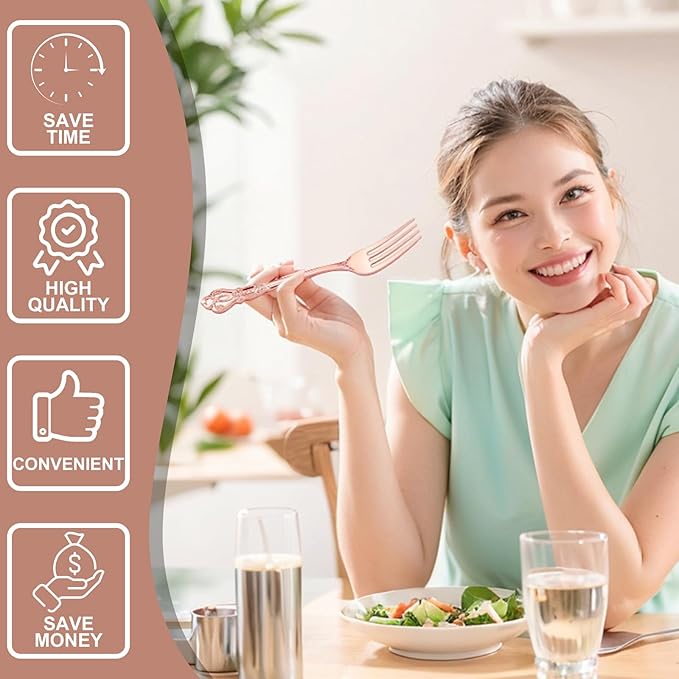 40PCS Rose Gold Plastic Silverware - Heavy Duty Elegant Disposable Utensils - Rose Gold Plastic Cutlery set Includes 20Forks, 10Spoons, 10Knives for Dinner, Parties, Weddings