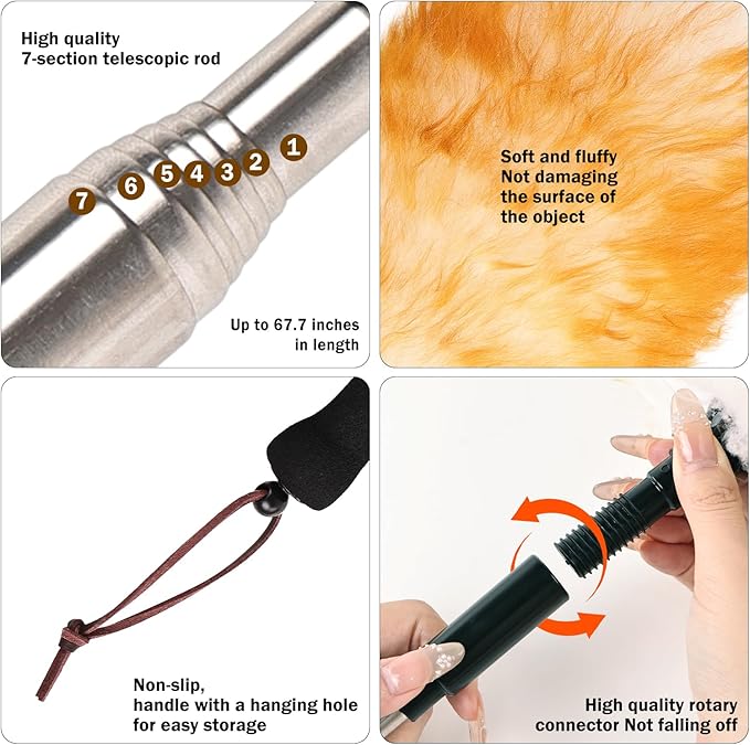 Lambswool Extendable Duster,67.7Inch Telescoping Feather Dusters with Stainless Steel Extension Pole for Cleaning High Ceiling Fan, High Ceilings,Furniture